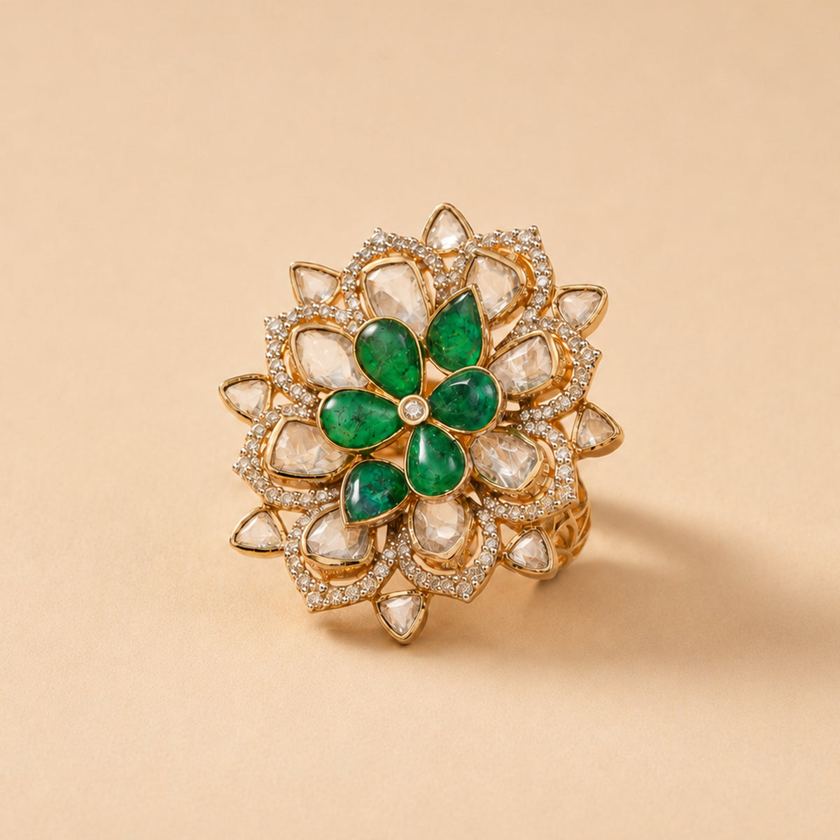 18KT Gold Polki Blossom Emerald-Green Ring