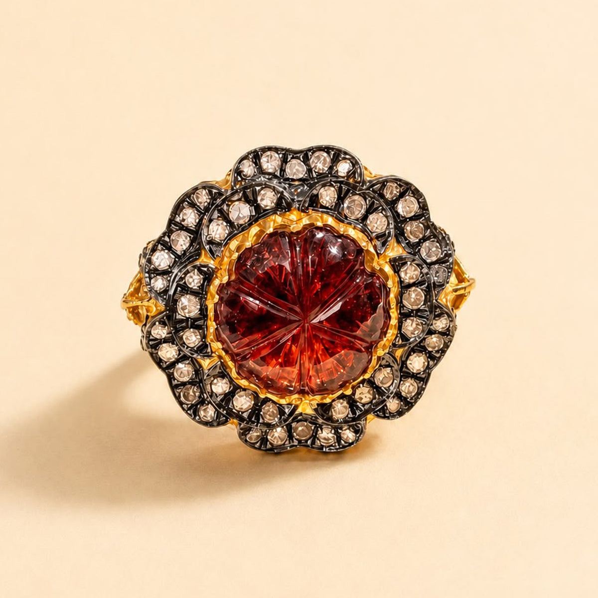 Carved Tourmaline Blackened Floral Cocktail Ring