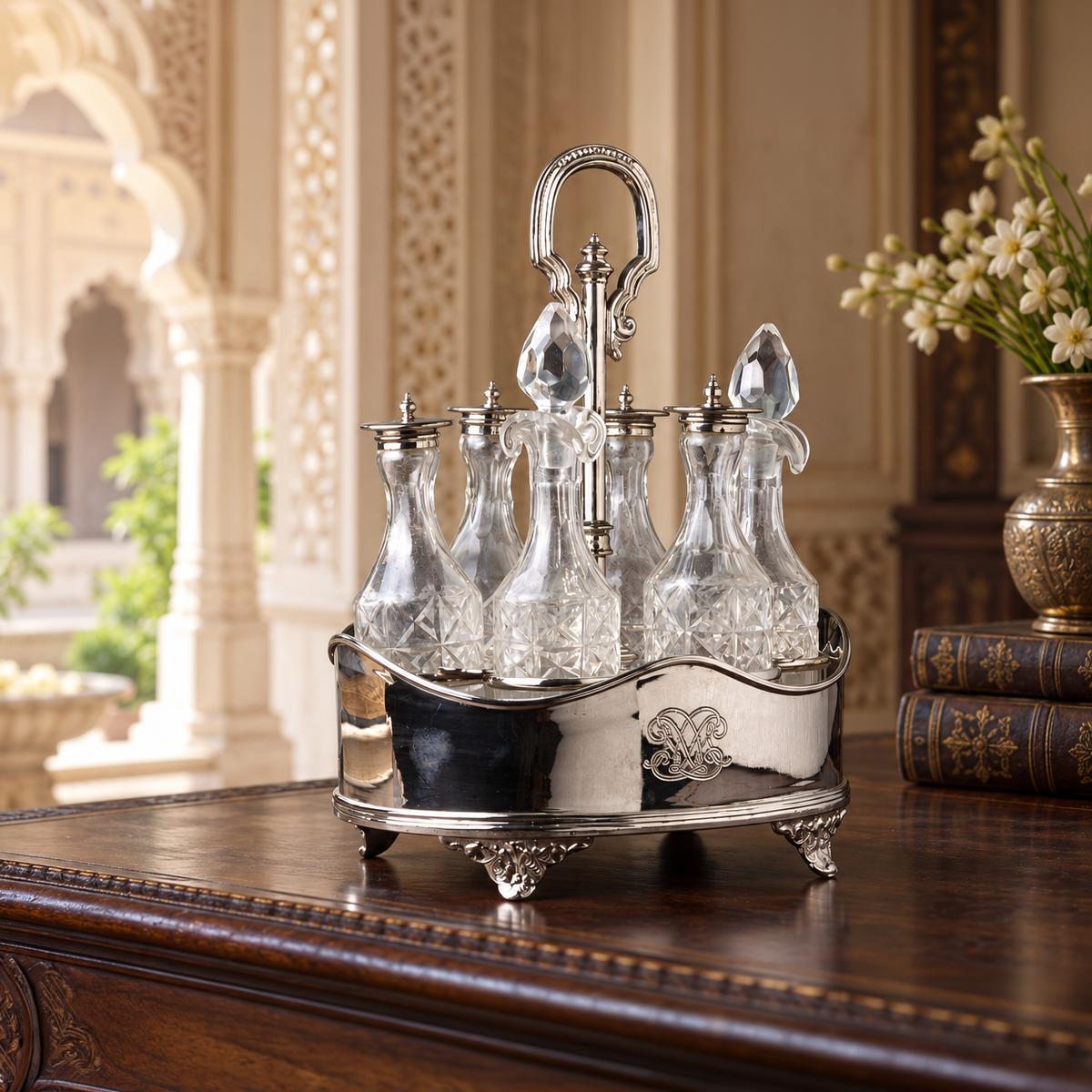 Vintage Silver Cruet Stand with Bottles