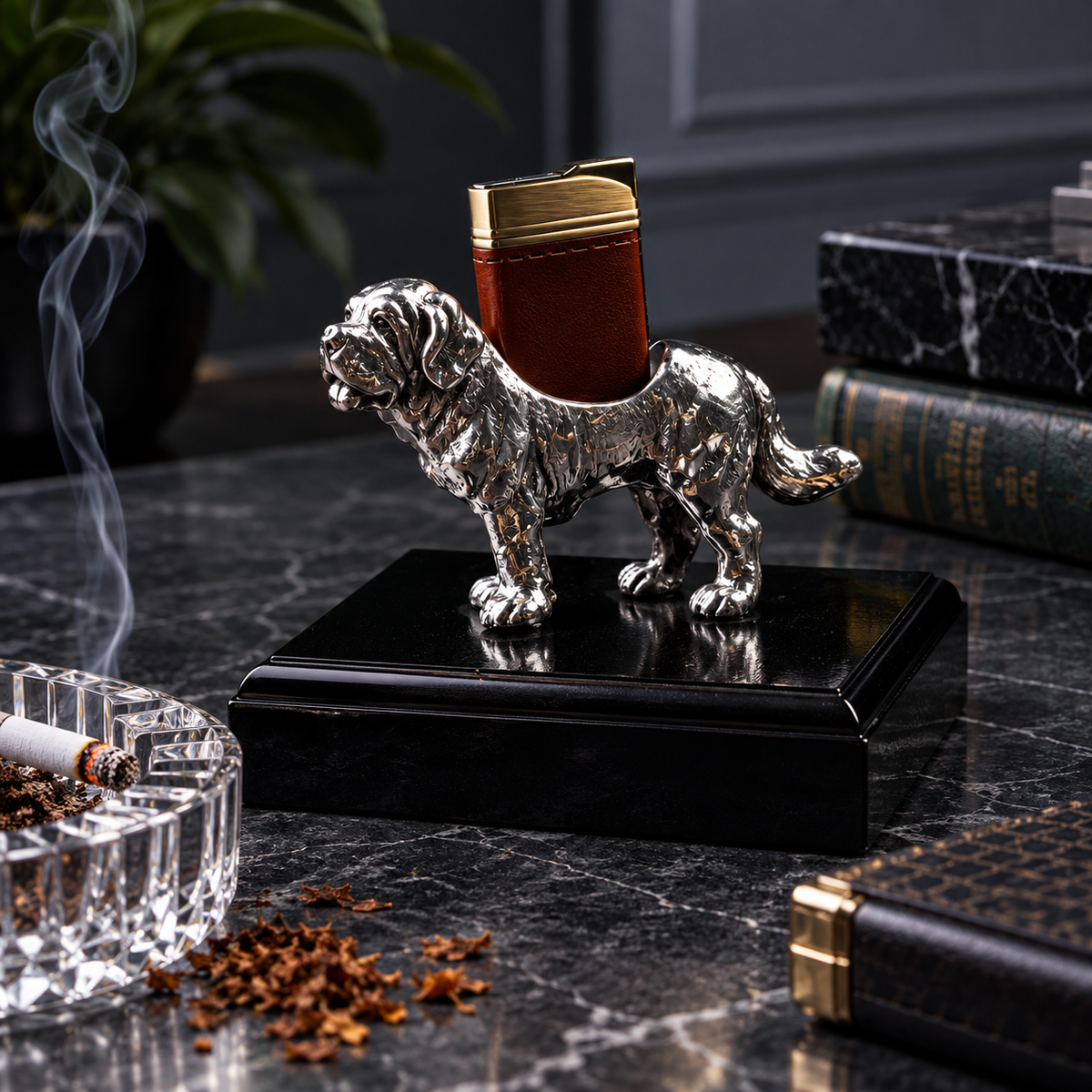 Silver Dog Lighter Stand on Wooden Box