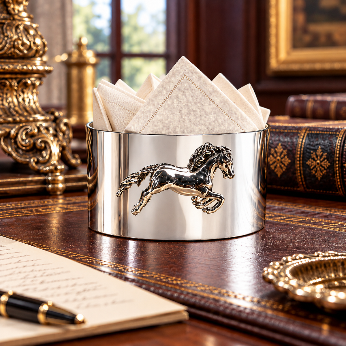Galloping Horse Silver Napkin Holder Bowl