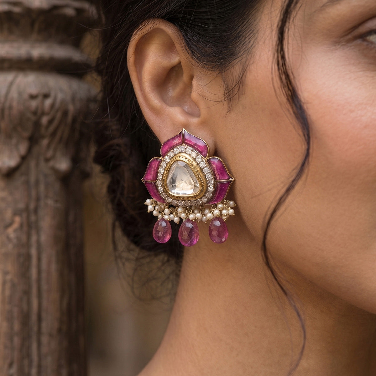 Polki, Ruby & Pearl Lotus Earrings