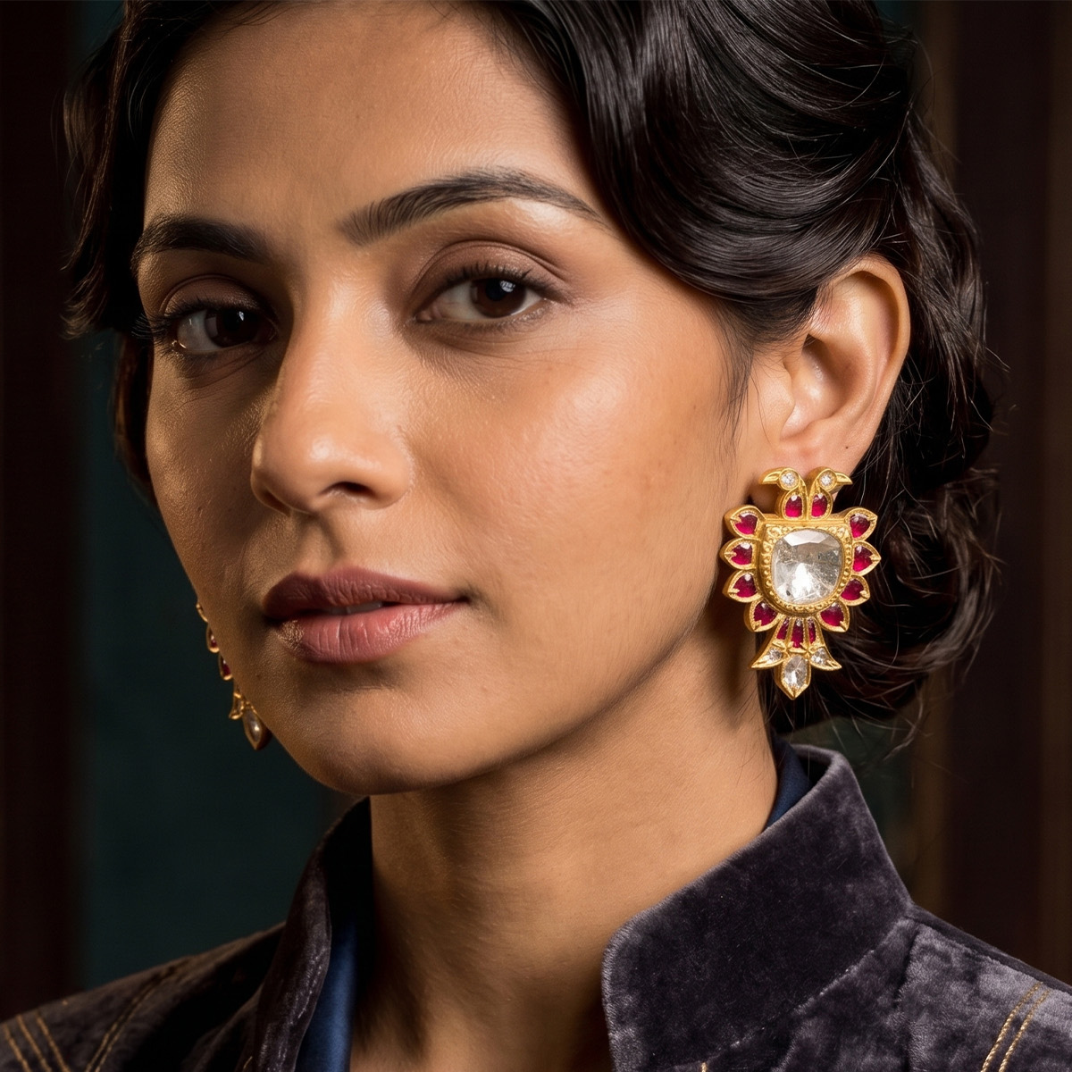 Polki Diamond & Ruby Peacock Gold Earrings