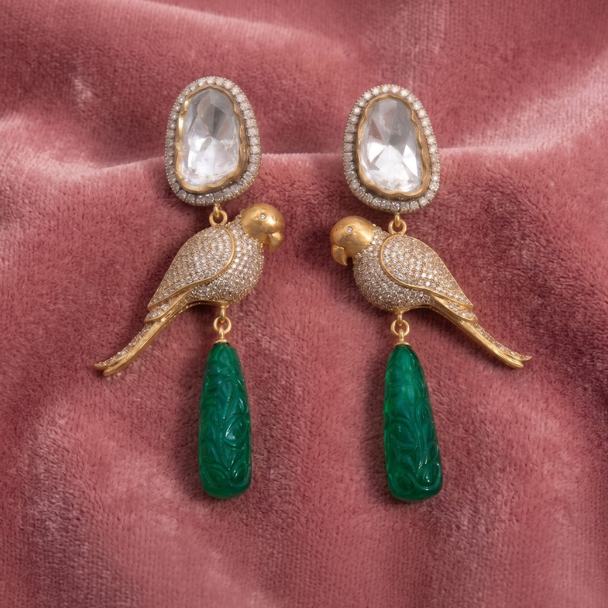 Polki Diamond & Carved Emerald Parrot Earrings