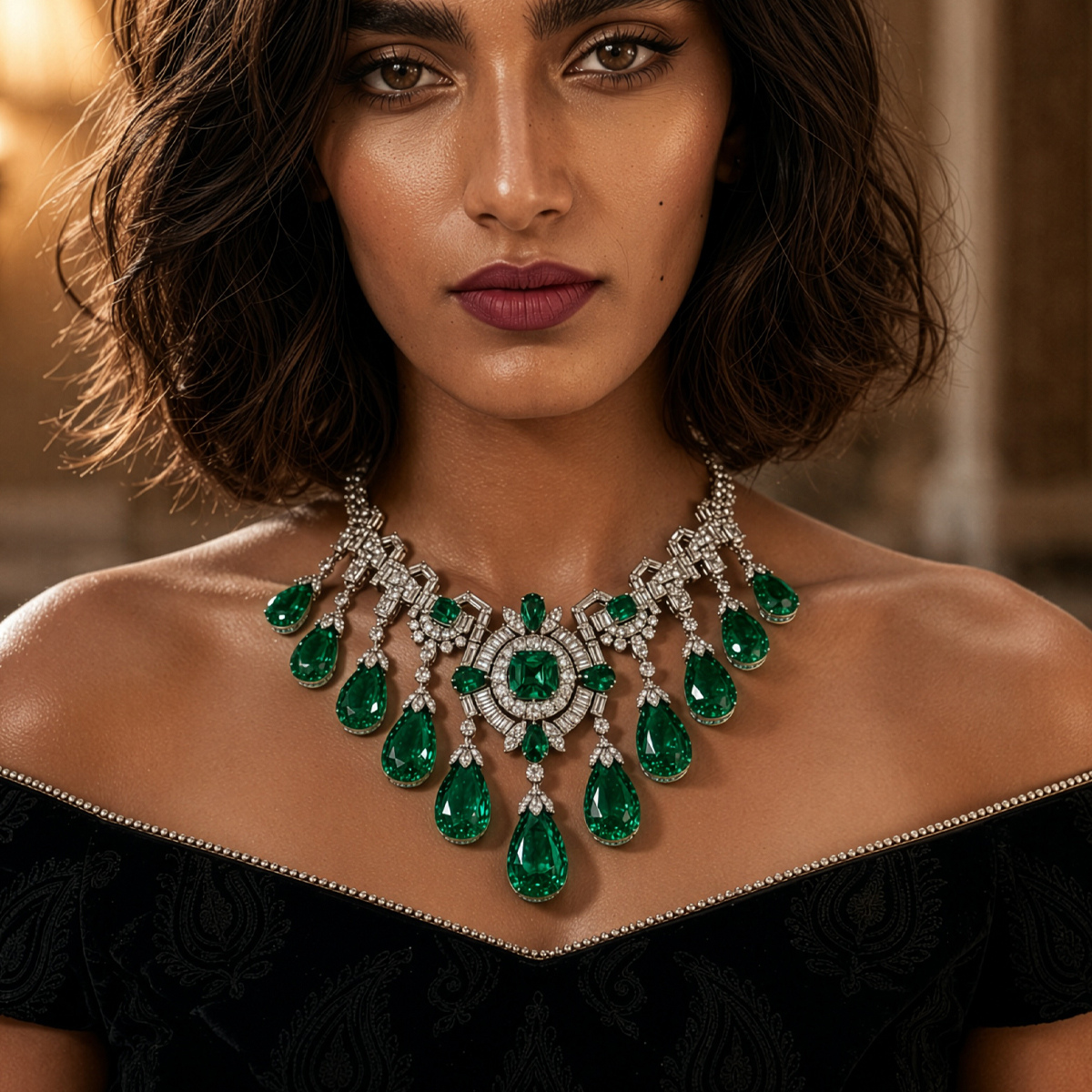 Emerald & Diamond Fringe Statement Necklace
