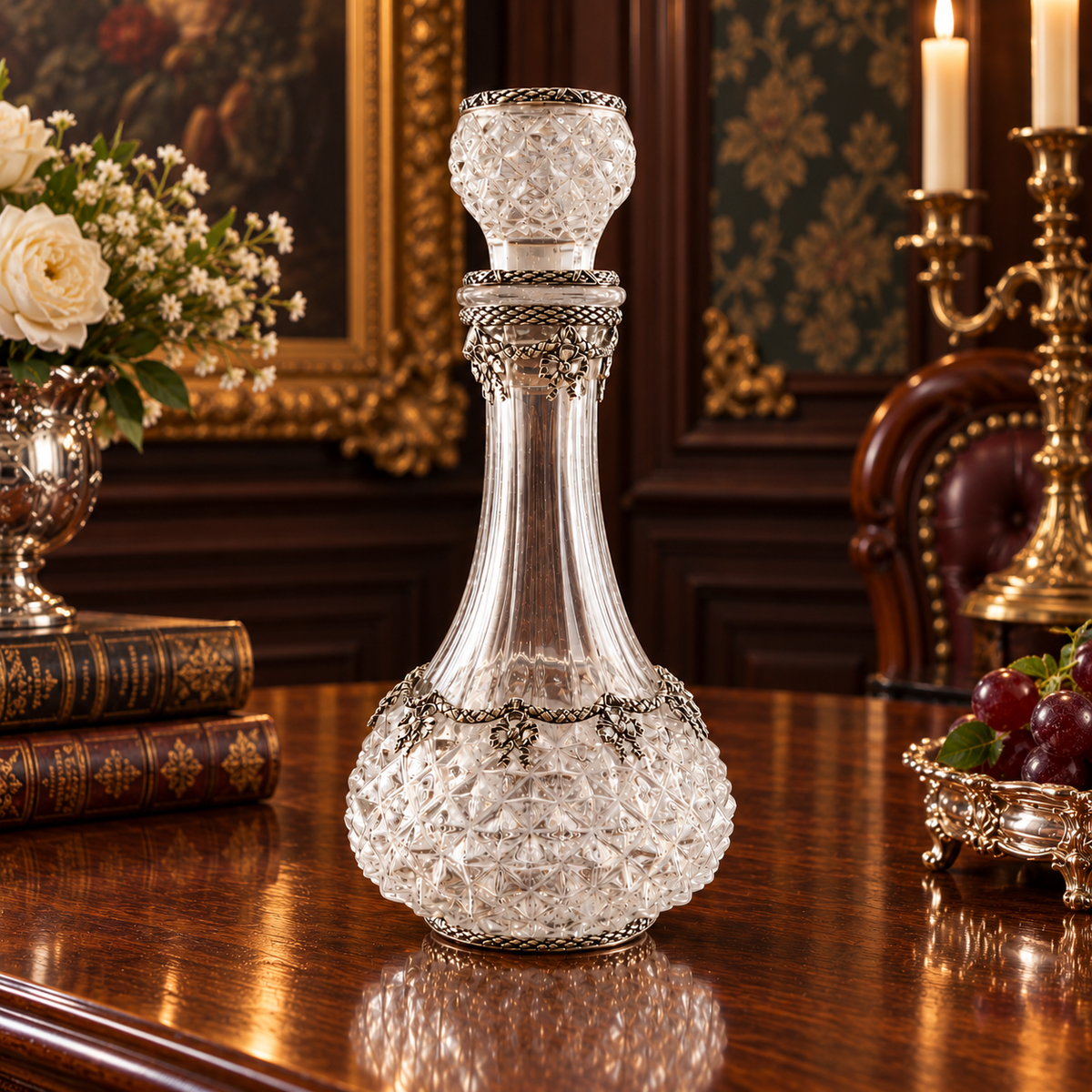 Cut Crystal Decanter with Silver Garlands
