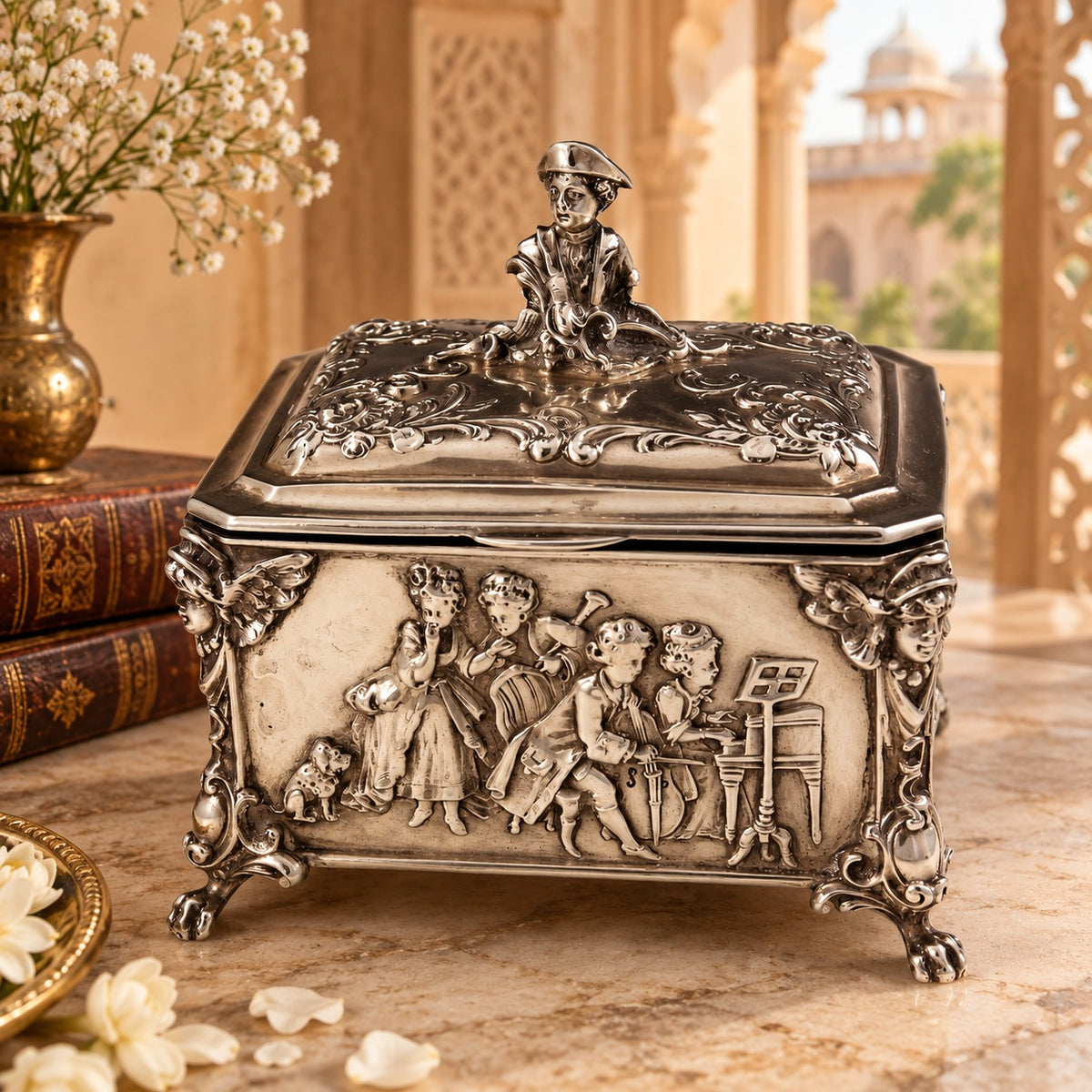 Victorian Musicians Repoussé Silver Utility Box